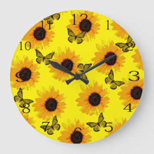 Yellow Butterflies And Sunflowers, Large Clock