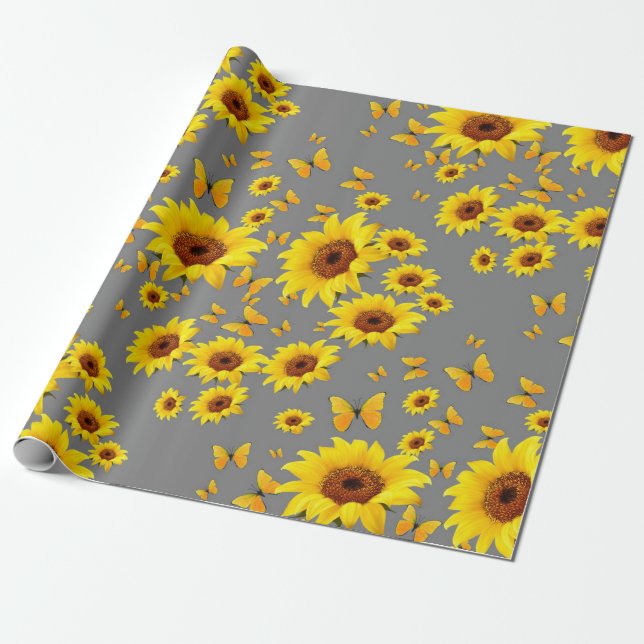 YELLOW BUTTERFLIES LOVE SUNFLOWERS WRAPPING PAPER (Unrolled)