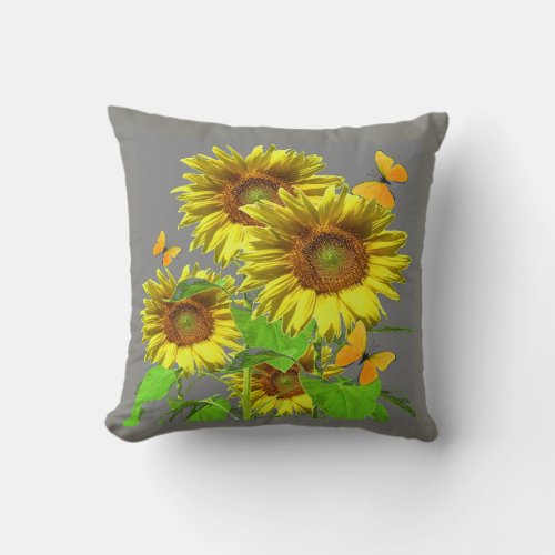 YELLOW BUTTERFLIES   SUNFLOWERS ON GREY FIELD THROW PILLOW