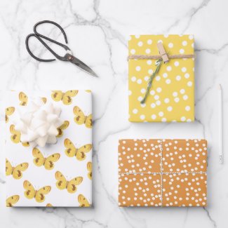 Yellow Butterflies - Vintage Fine Art & Polkadots Wrapping Paper Sheets