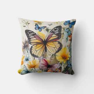 Yellow Butterfly and Flowers Throw Pillow