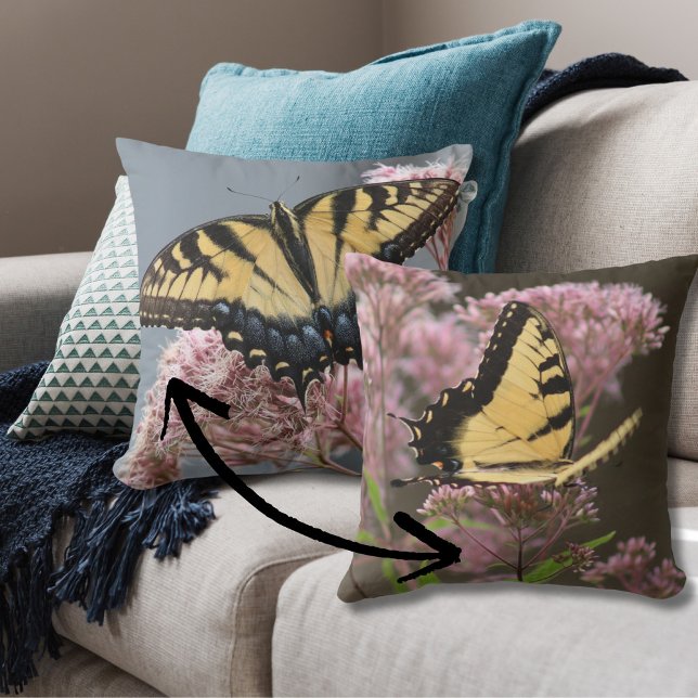 Yellow Butterfly and Pink Flower Nature Photo Throw Pillow (Creator Uploaded)