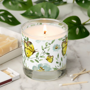 Yellow Butterfly Blue floral pattern watercolor Scented Candle