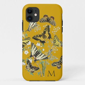 Yellow Butterfly Botanical  Monogrammed Iphone 11 Case by JoyMerrymanStore at Zazzle