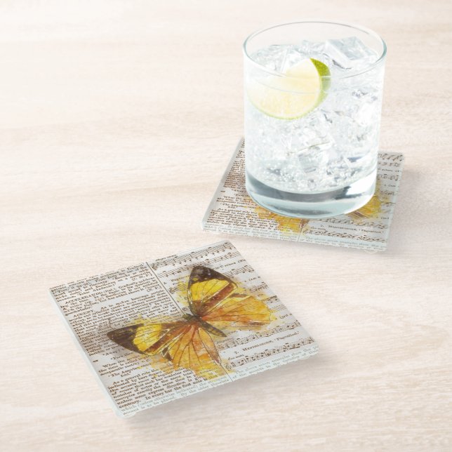 Yellow Butterfly Collage Glass Coaster (Angled)