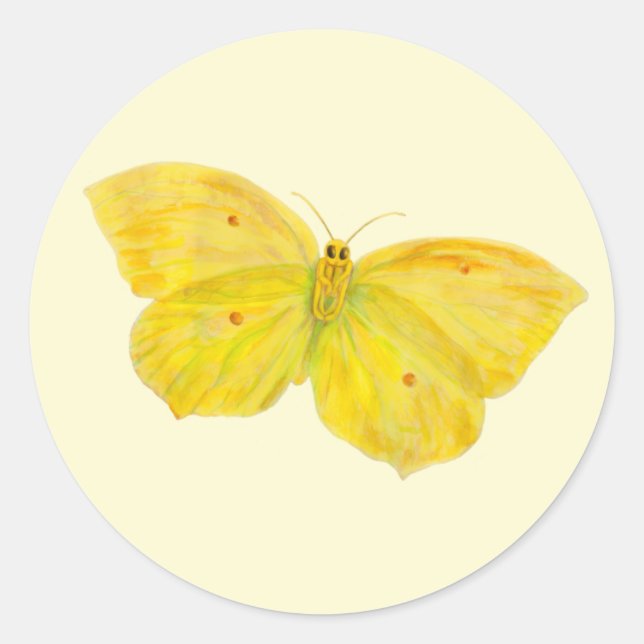 Yellow Butterfly Common Brimstone flying   Classic Round Sticker (Front)