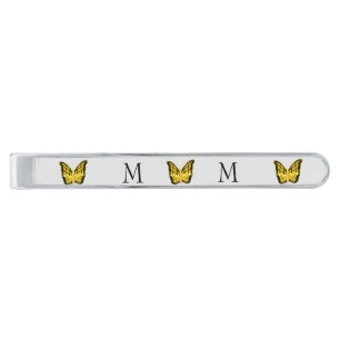 Yellow Butterfly Design Monogrammed Silver Finish Tie Bar
