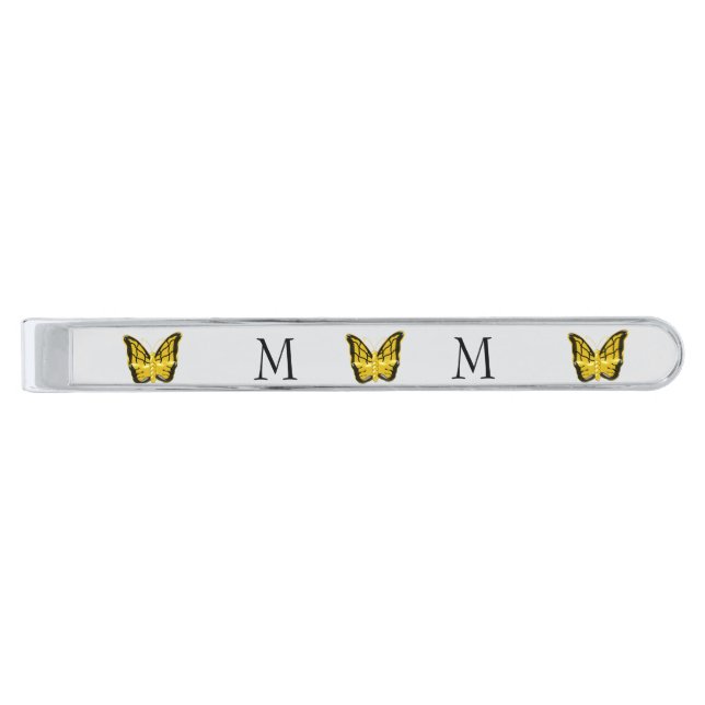 Yellow Butterfly Design Monogrammed Silver Finish Tie Bar (Front)