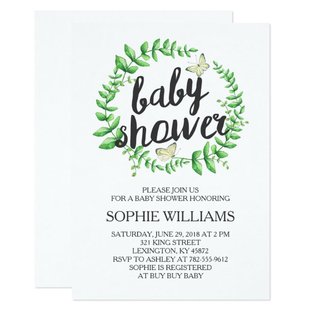 Yellow Butterfly Green Wreath Baby Shower Invitation