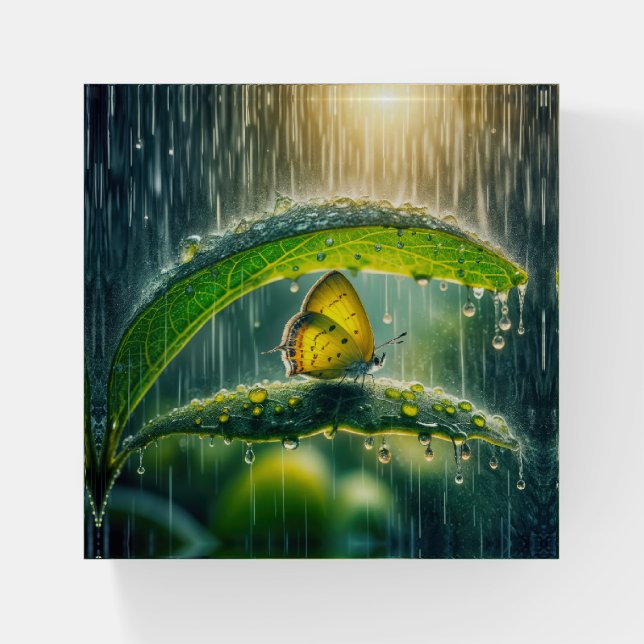 Yellow Butterfly In a Rain Shower Paperweight (Front)