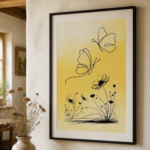 Yellow Butterfly Line Drawing Poster