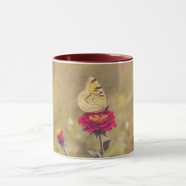 Yellow Butterfly on a Red Rose Art Mug Cup (Center)