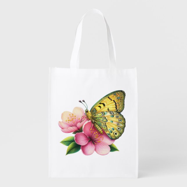 Yellow Butterfly on cherry blossoms Grocery Bag (Front)