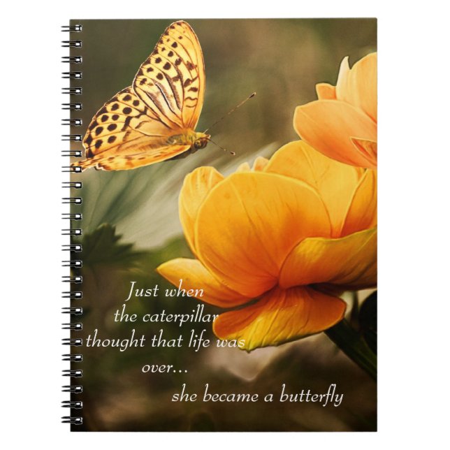 Yellow Butterfly on Flowers Inspirational Quote Notebook (Front)