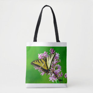 YELLOW BUTTERFLY ON PINK FLOWERS TOTE BAG