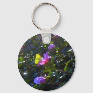 Yellow Butterfly on Pink Rose of Sharon Keychain
