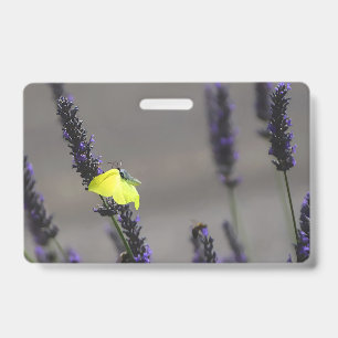 Yellow Butterfly on Purple Lavender Macro Photo Badge