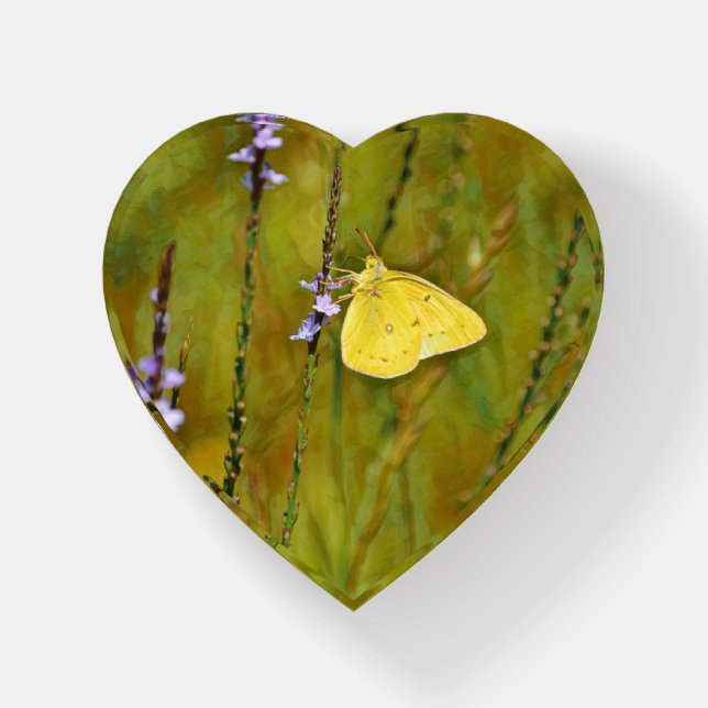 Yellow Butterfly on Wildflowers Heart Paperweight (Front)