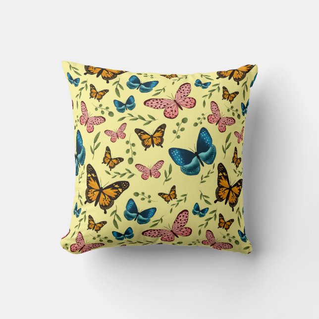 Yellow Butterfly Pattern Girly Throw Pillow (Front)