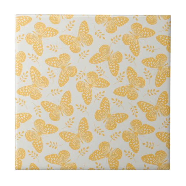 Yellow butterfly pattern on grey background ceramic tile (Front)