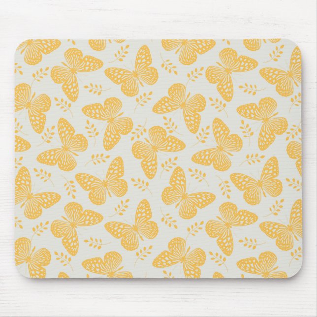 Yellow butterfly pattern on grey background mouse pad (Front)
