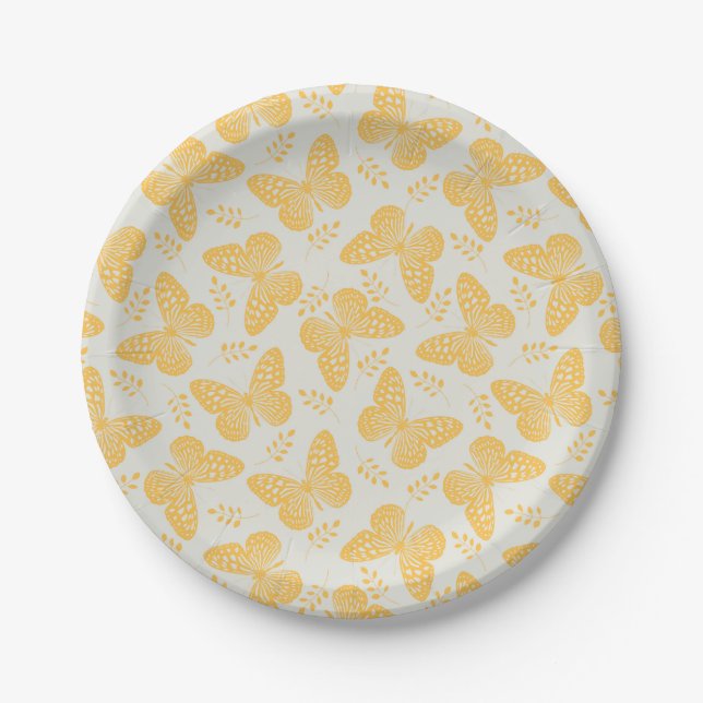 Yellow butterfly pattern on grey background paper plates (Front)