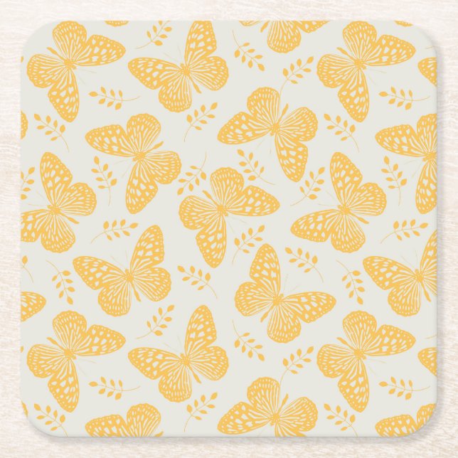 Yellow butterfly pattern on grey background square paper coaster (Front)