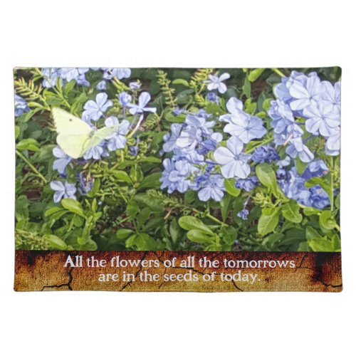 Yellow Butterfly Purple Flowers Above Ancient Wall Cloth Placemat