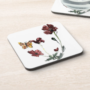 Yellow Butterfly Red Poppy Drink Coaster