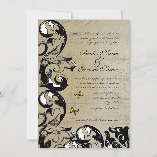 Yellow Butterfly Swirl Wedding Invitation (Front)