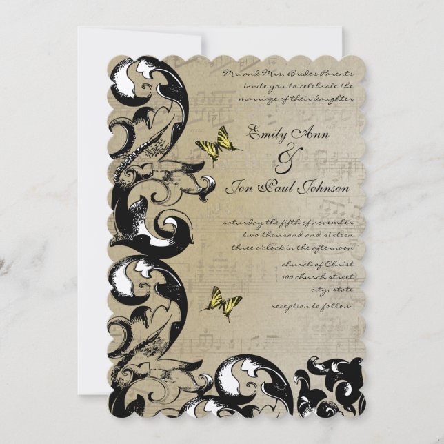 Yellow Butterfly Swirl Wedding Invitation (Front)