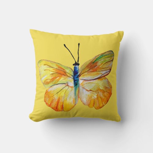 Yellow Butterfly Watercolor drawing Cushion
