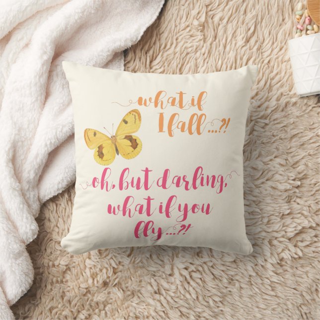 Yellow Butterfly - What if I fall?  Inspirational Throw Pillow (Blanket)
