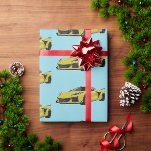 Yellow C8 Corvette Sports Car Hand Drawn Wrapping Paper