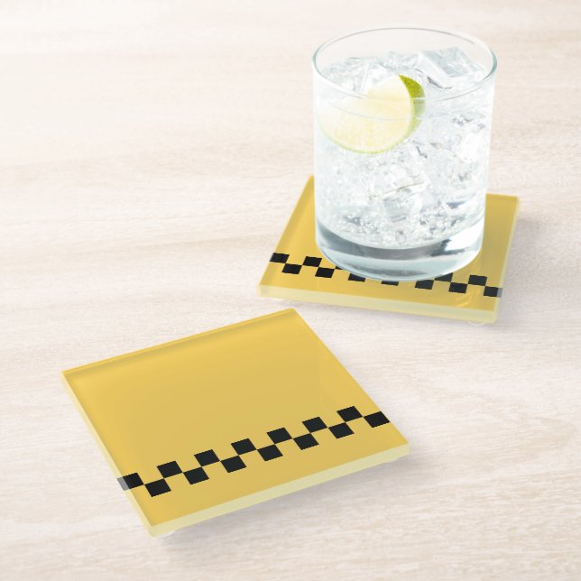 Yellow cab checkered pattern glass coaster (Angled)