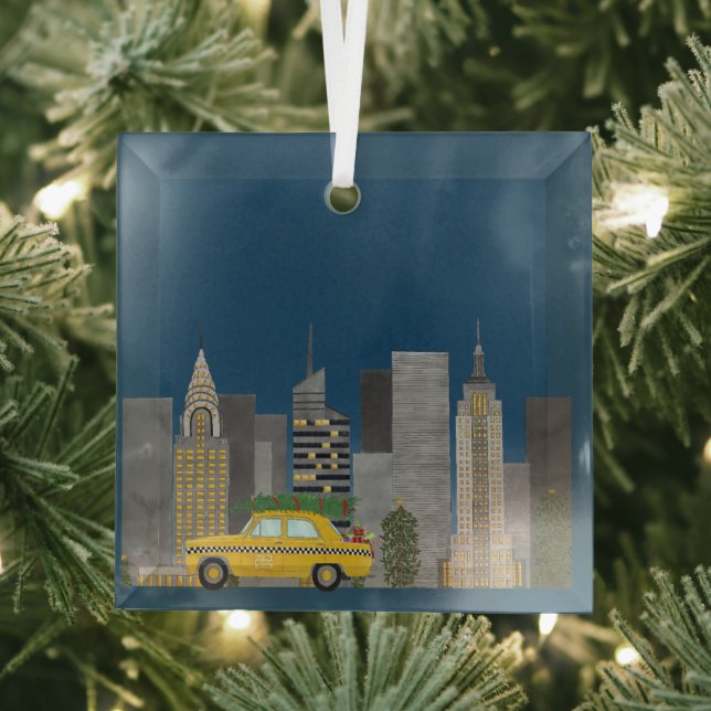 Yellow Cab in the City Customizable  Glass Ornament (Insitu)