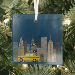 Yellow Cab in the City Customizable  Glass Ornament