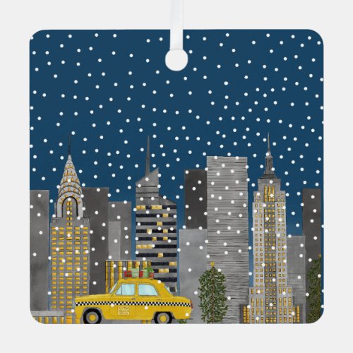 Yellow Cab in the City Customizable  Metal Ornament