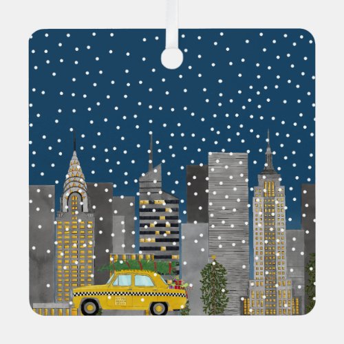 Yellow Cab in the City Customizable  Metal Ornament