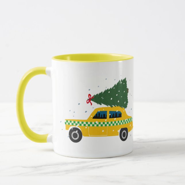  Yellow Cab Taxi Christmas Tree Drawing Snow Mug (Left)