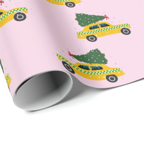 Yellow Cab Taxi Fir Tree Pattern Pink Christmasr Wrapping Paper