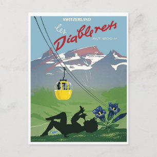 Yellow cable car on Diablerets mountain, vintage Postcard