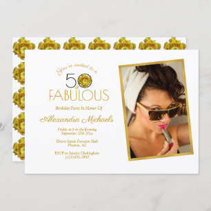 Yellow Cactus Flower Black & Gold 50 & Fabulous Invitation