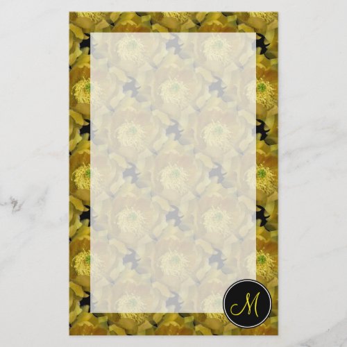 Yellow Cactus Flower Repeating Pattern on Black 2 Stationery