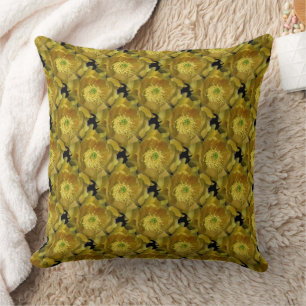 Yellow Cactus Flower Repeating Pattern on Black 2 Throw Pillow