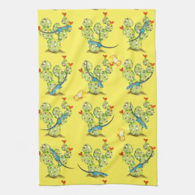 Yellow Cactus Lizard Butterfly Desert Southwest Kitchen Towel (Vertical)