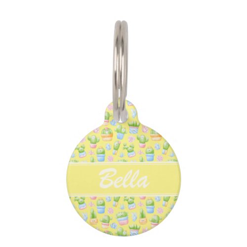 Yellow Cactus Pattern Personalized Puppy Dog ID Pet ID Tag