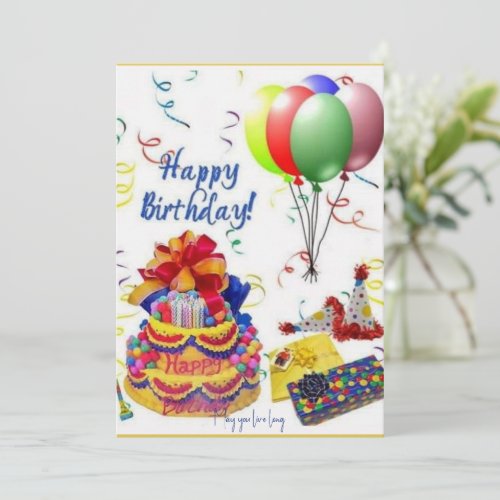 Yellow cake and colorful balloons Birthday Holiday Card