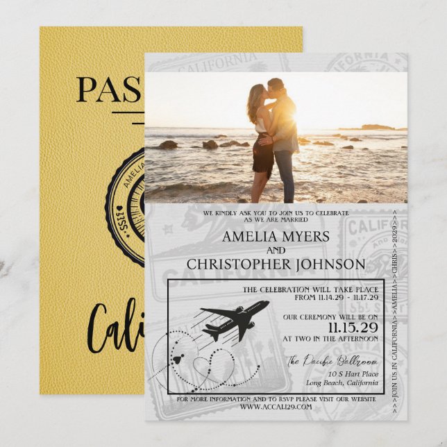 Yellow California Passport Wedding Invitation (Front/Back)