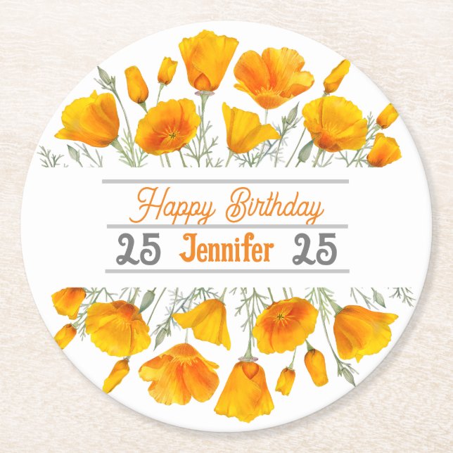 Yellow California Poppies Personalized Coaster (Front)